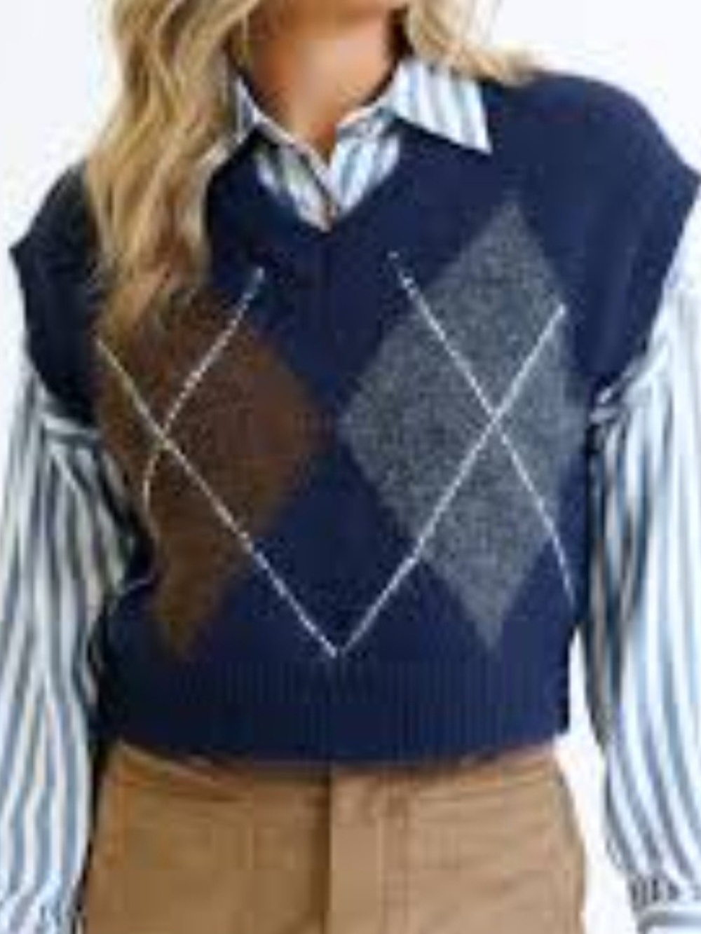 Zara Cropped Argyle Sweater Vest Navy Blue/Gray/Brown Preppy Dark Academia Y2K